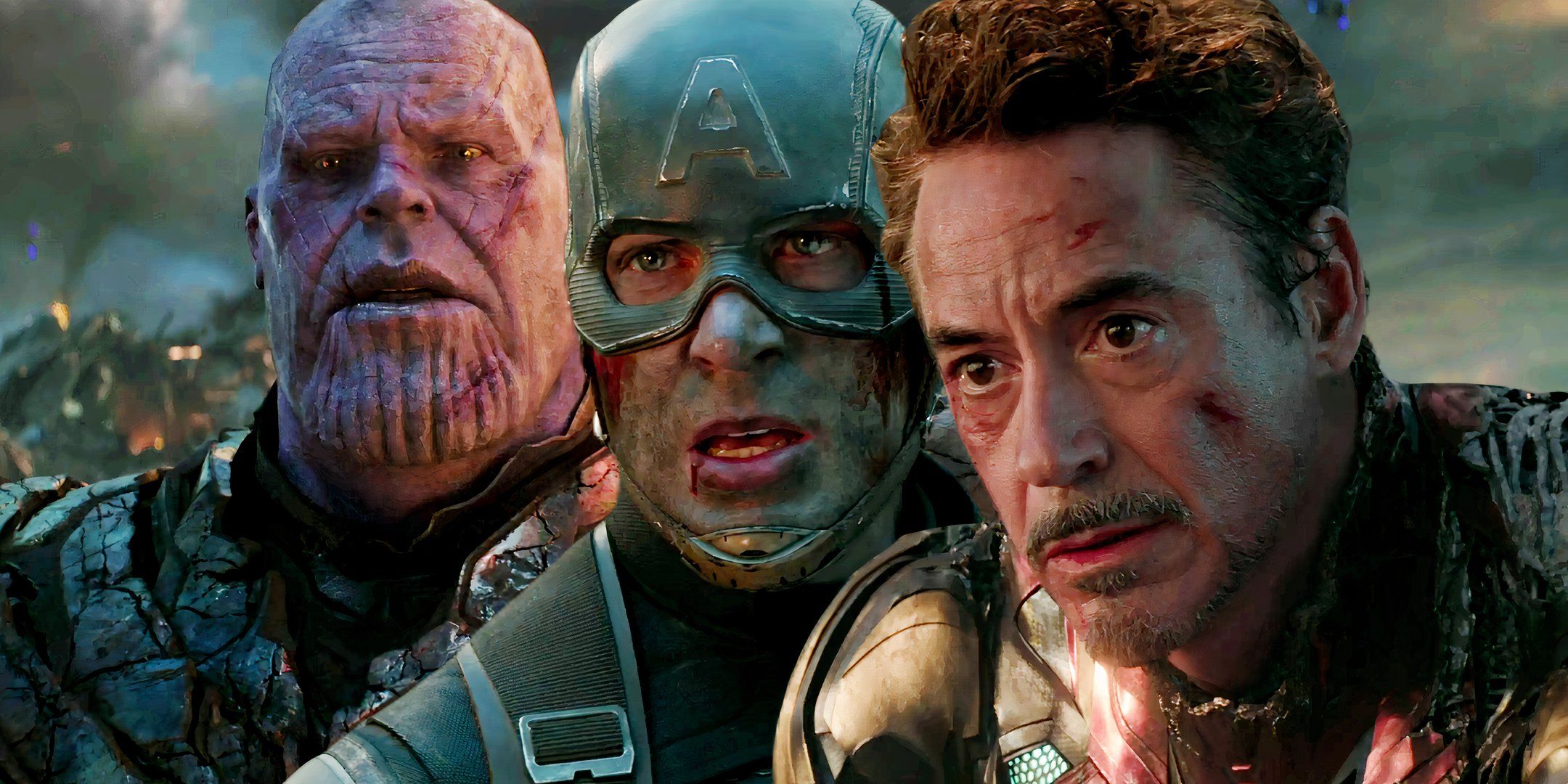 Custom image of Thanos (Josh Brolin), Captain America (Chris Evans) and Tony Stark (Robert Downey Jr.) looking hopeless in the final battle of Avengers Endgame