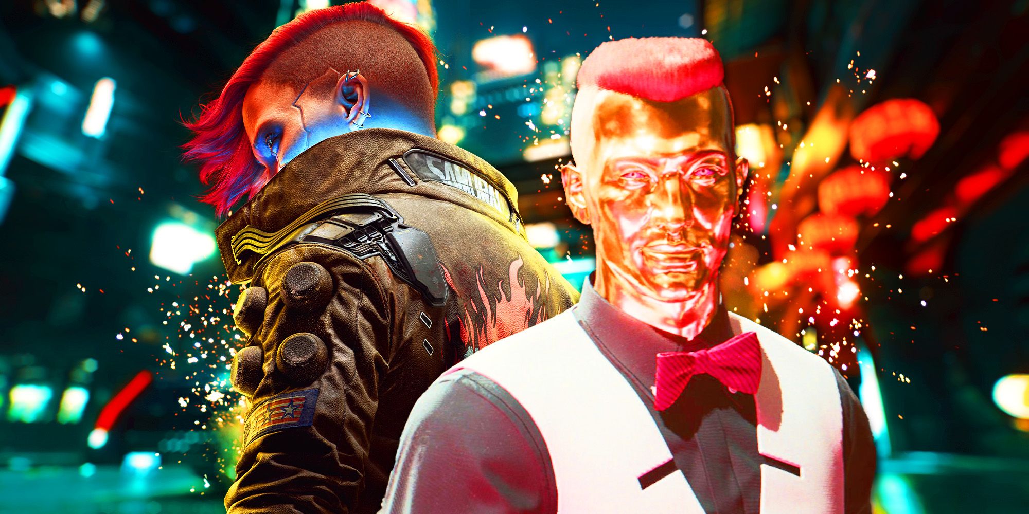 Cyberpunk 2077 V with golden bartender in Konpeki plaza