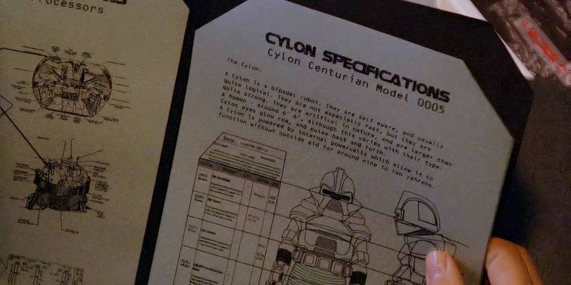 Cylon specifications with the paper having diagonal corners in Battlestar Galactica.