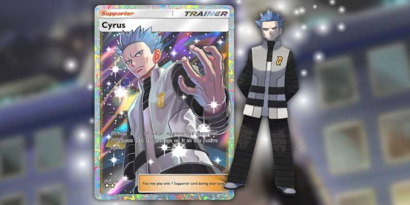 The Cyrus card from Pokémon TCG Pocket next to Cyrus from the anime.
