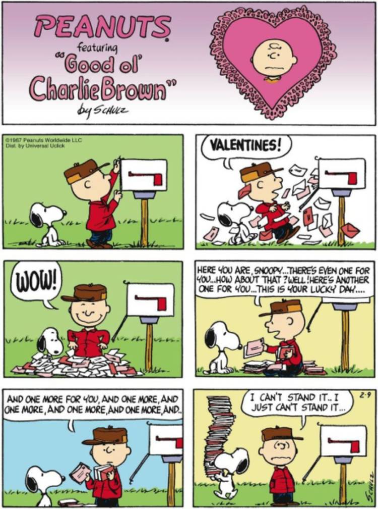 Snoopy getting many valentines from the mailbox while Charlie Brown gets none.