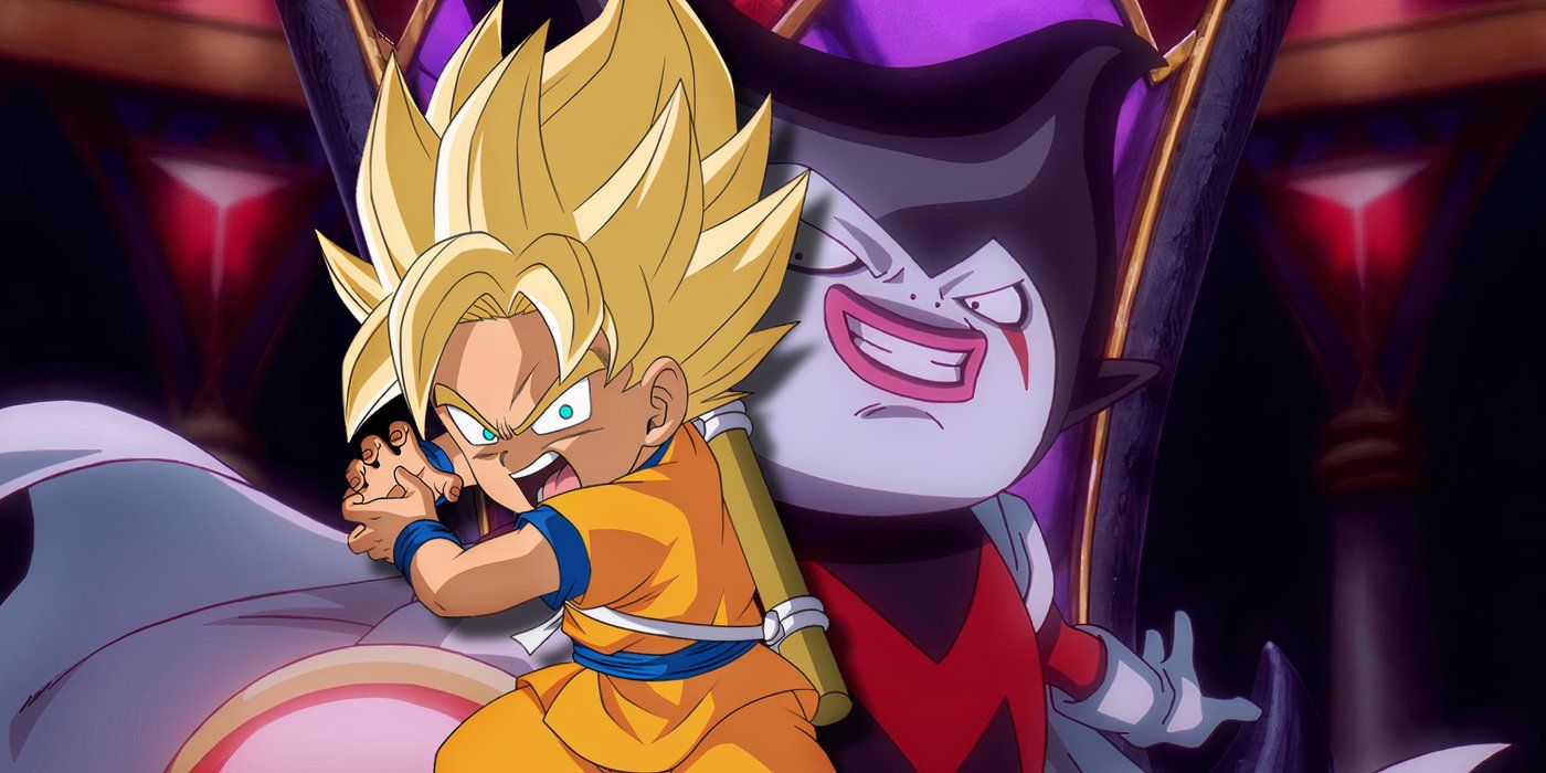 Goku charging a Kamehameha in front of a shot of Gomah from Dragon Ball Daima.