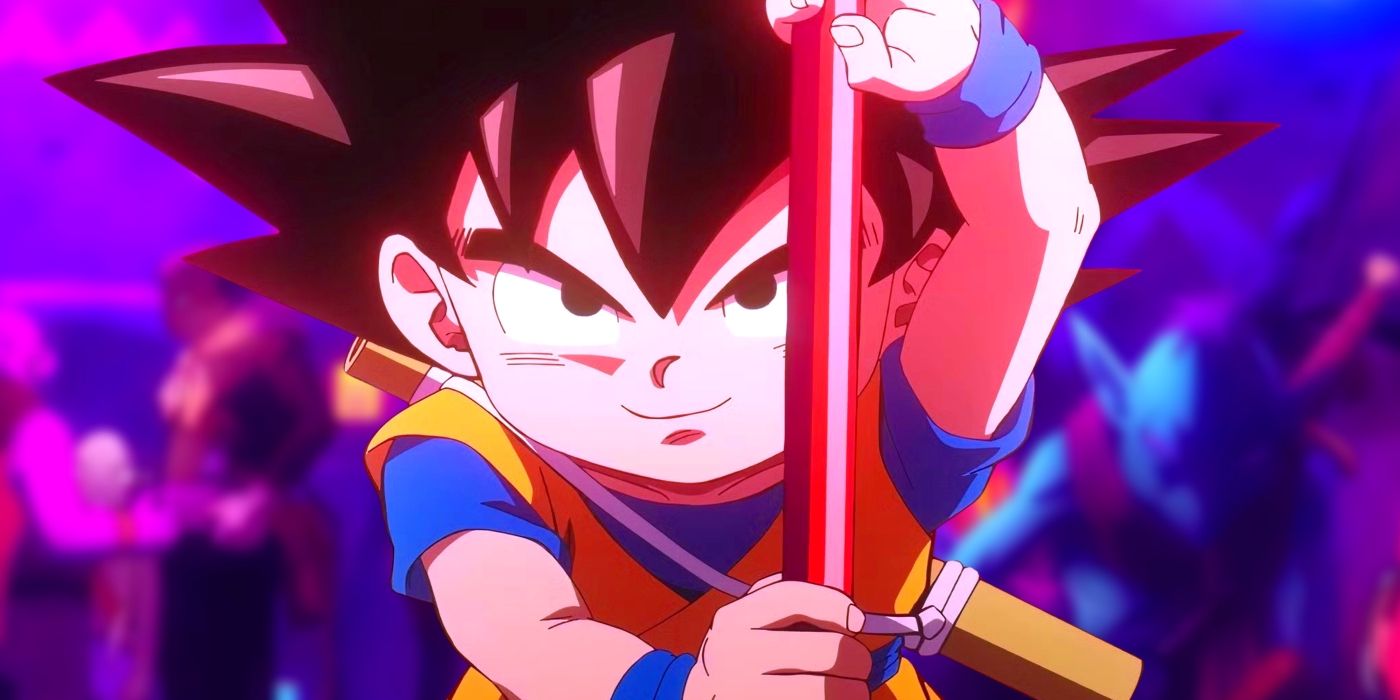 Goku as seen in DAIMA holding his power pole in his hands. Behind him, a street of the Demon Realm can be seen.