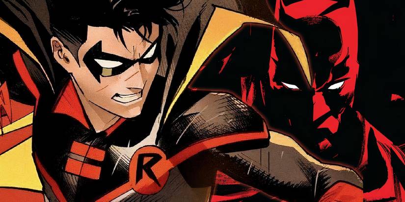 Damian Wayne Robin to the left and shadowy red outlined Batman to the right