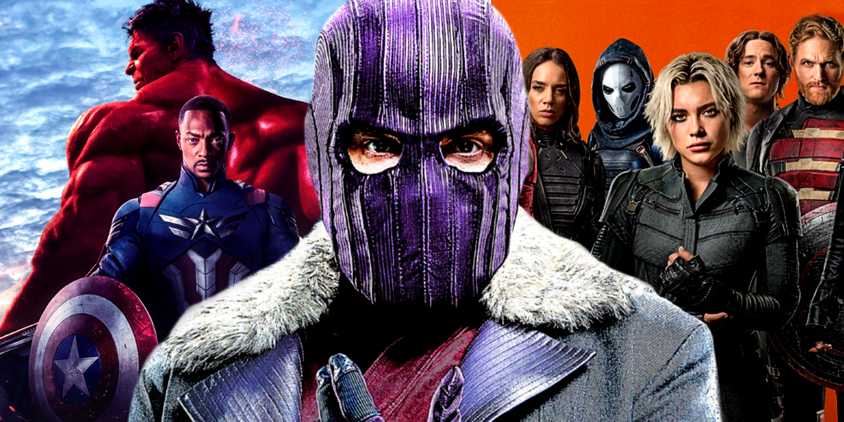 Daniel Bruhl's Baron Zemo tightens his glove and mask in front of the Thunderbolts, Captain America, and Red Hulk.