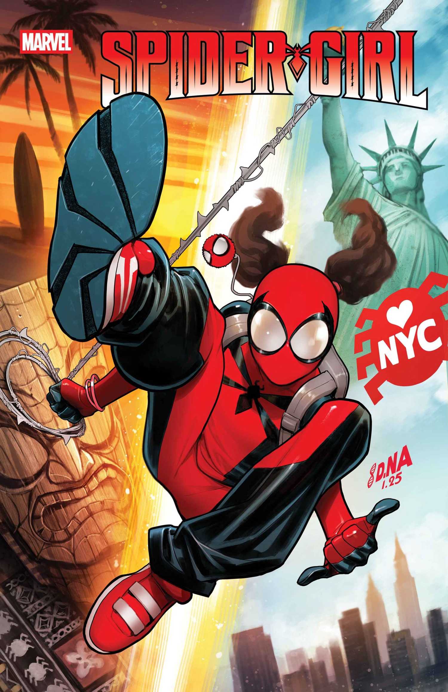 David Nakayama's cover to Spider-Girl (2025) #1 featuring the titular heroine webswinging