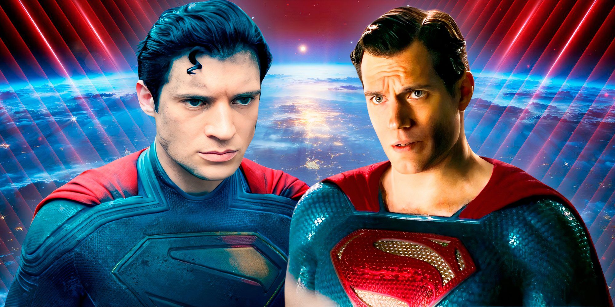 David Corenswet as Superman in 2025's Superman next to Henry Cavill as Superman in Justice League (2017) above an image of the Earth and a red, striped pattern