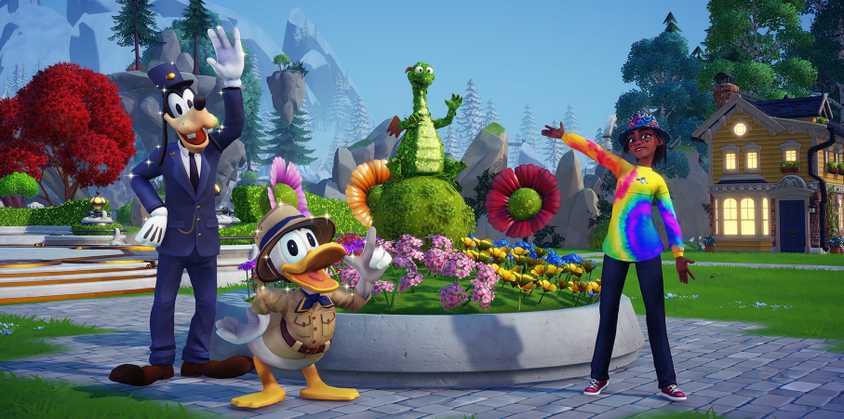 Player with Donald and Goofy in front of Figment statue in Disney Dreamlight Valley