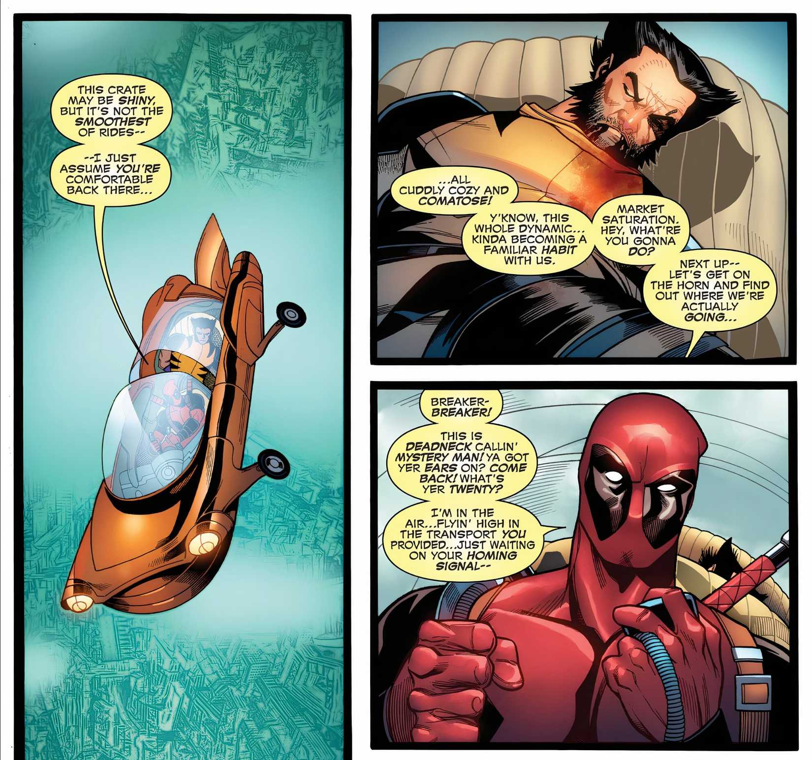 Deadpool cracks jokes as he abducts a comatose Wolverine in a flying car.