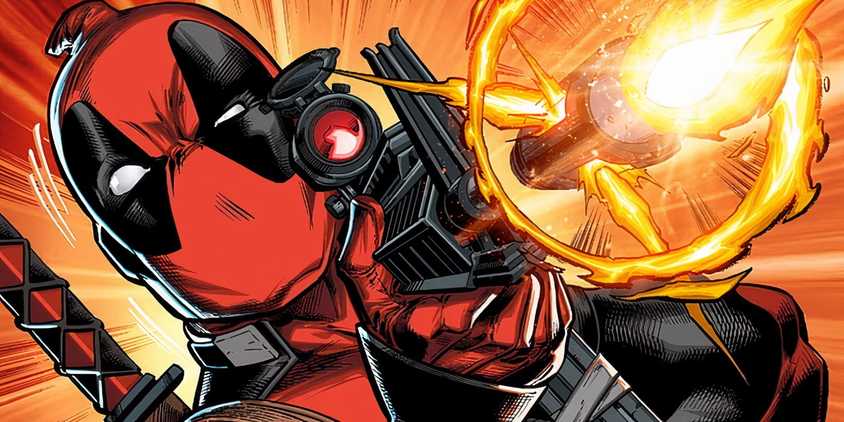 Deadpool firing a gun at an unseen target. 