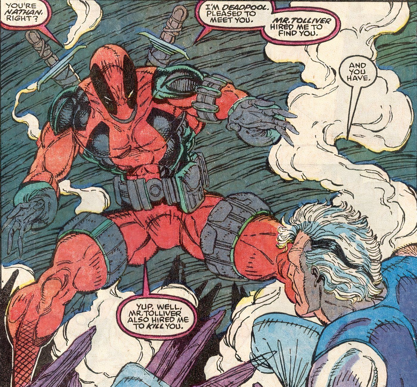 Deadpool meeting Cable for the first time after being hired to kill him.