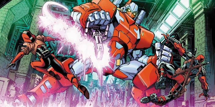 Deadpool and his daughter Ellie fighting a giant Deadpool Mech variant.