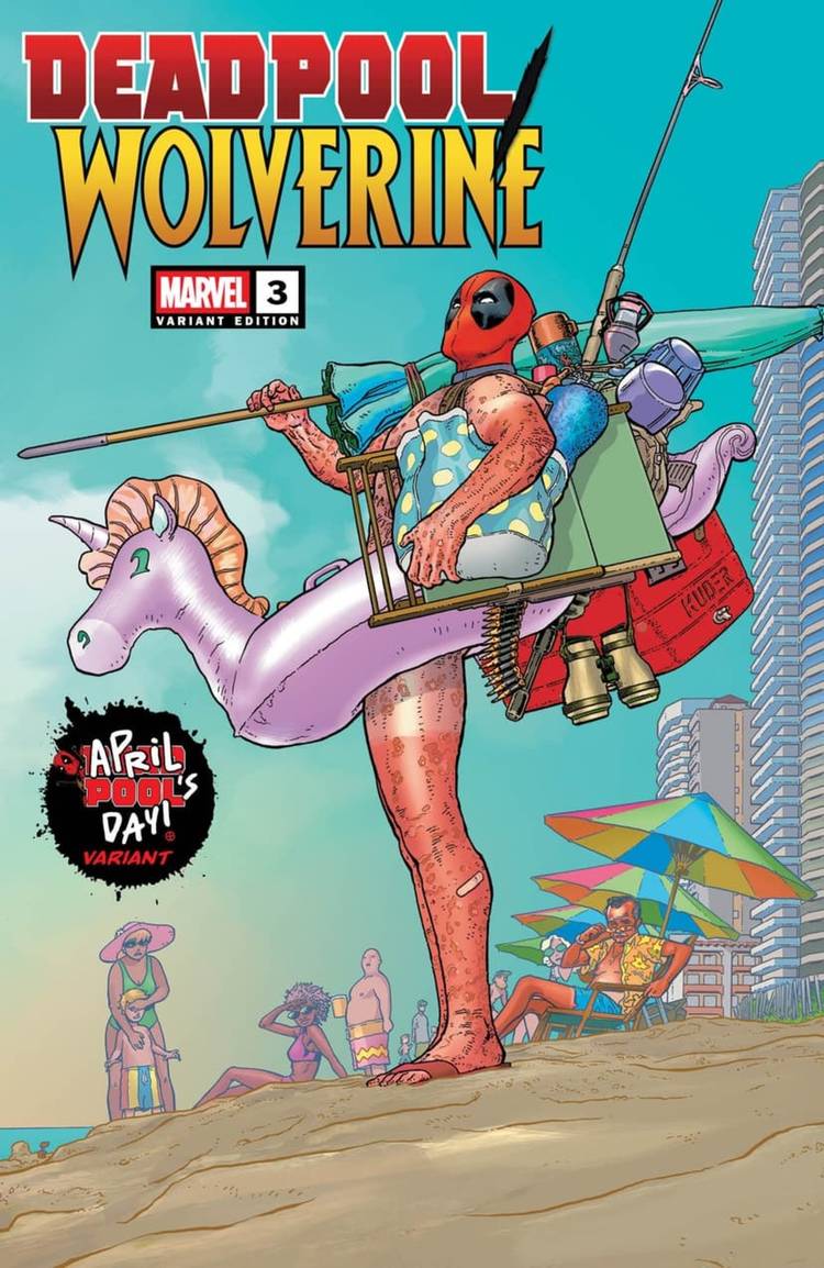 Deadpool Standing on a Beach with Beachgoers Looking in Shock