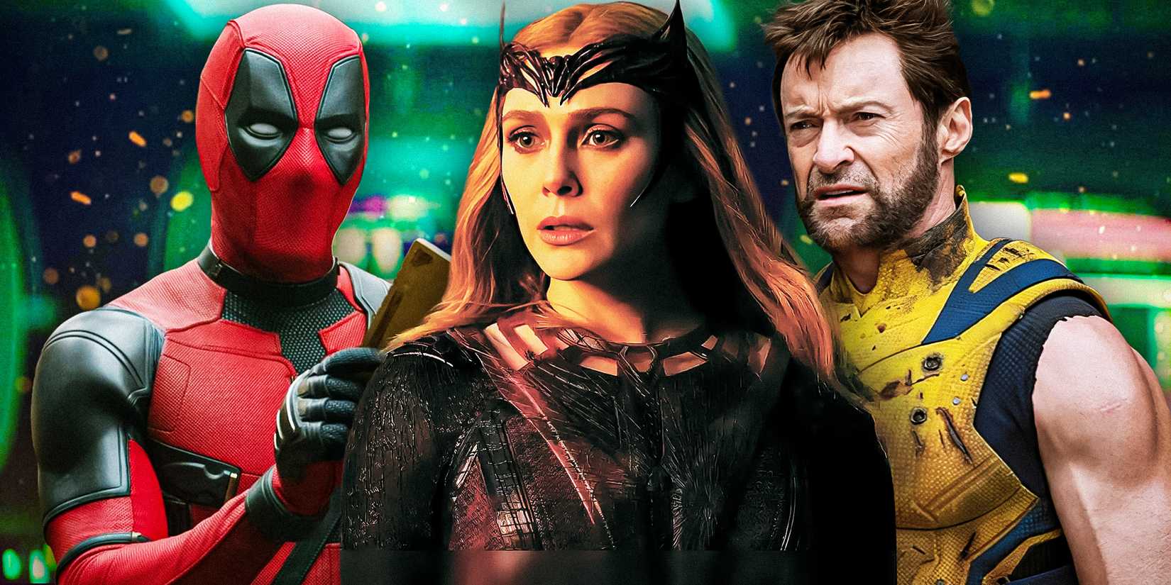 Scarlet Witch (Elizabeth Olsen) looks off into the distance, edited over Deadpool (Ryan Reynolds) and Wolverine (Hugh Jackman) in Deadpool & Wolverine.