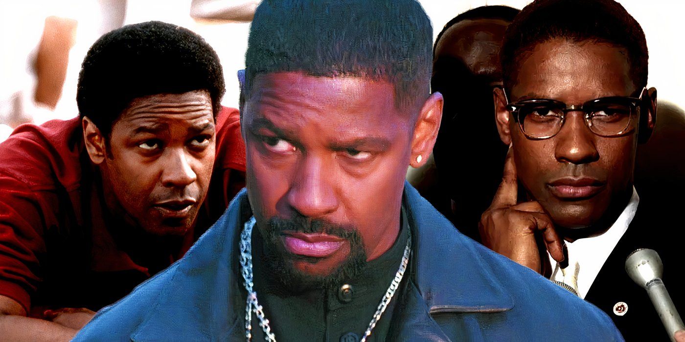 Collage of Denzel Washington in Remember the Titans, Training Day and Malcolm X