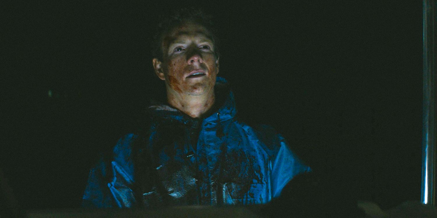 Patrick Gibson's Dexter smiling while covered in blood in Dexter Original Sin