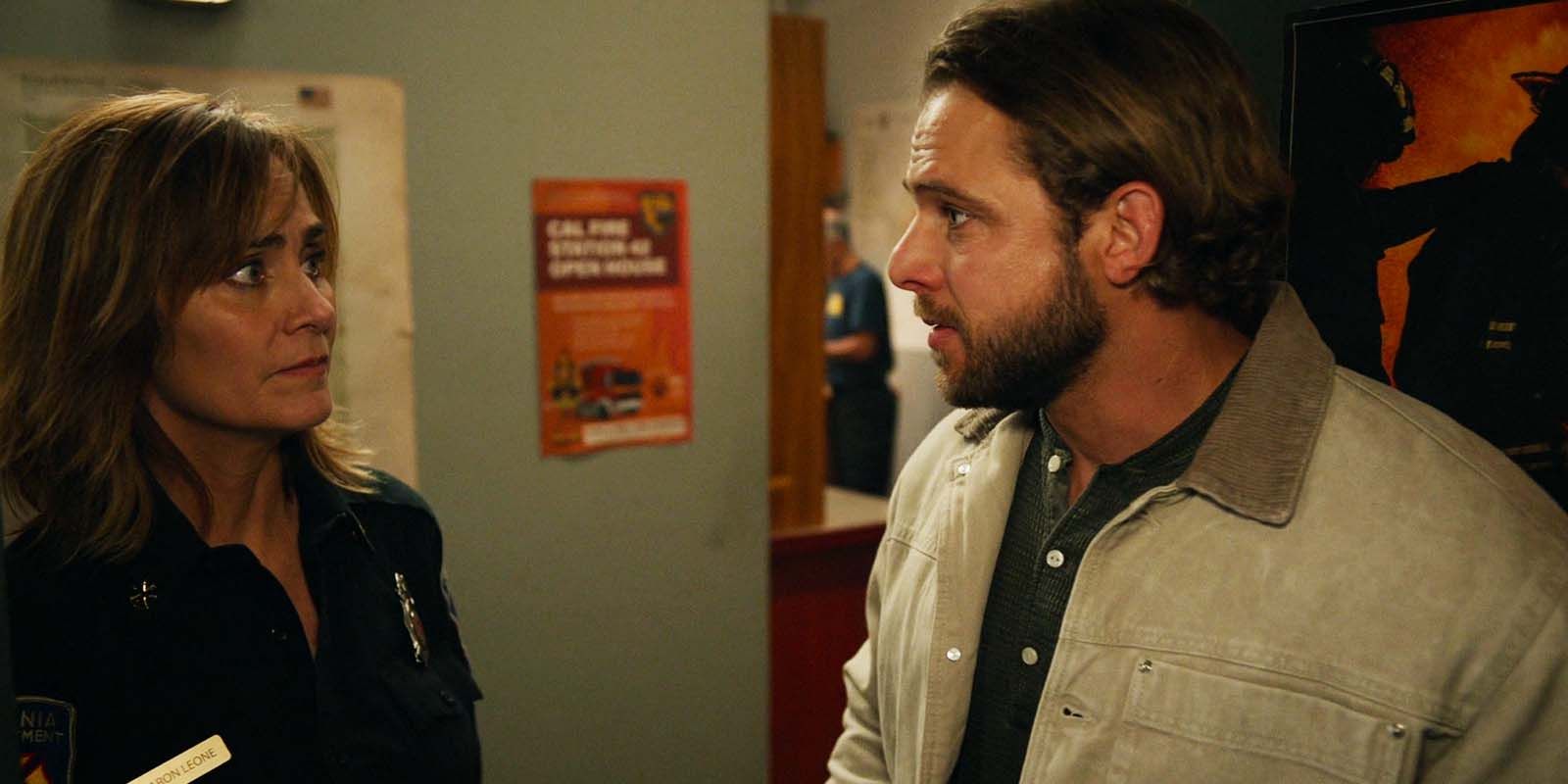 Diane Farr as Sharon and Max Thieriot as Bode in Fire Country season 3 episode 10-1