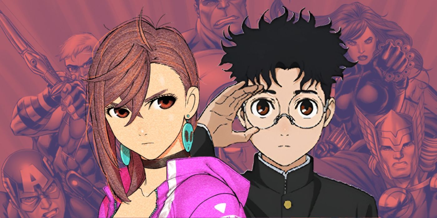 Momo and Okarun from Dandadan in front of Marvel&rsquo;s Avengers