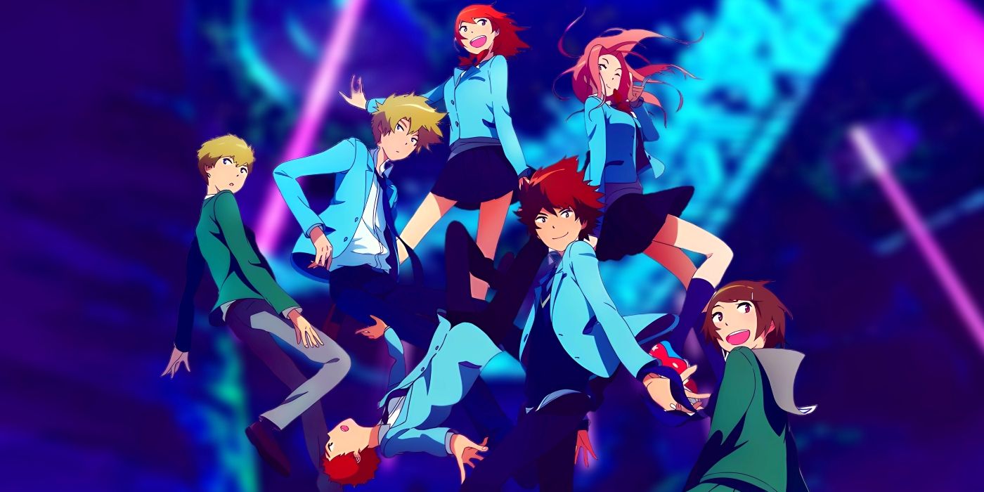 The Original DigiDestined in their Tri outfits falling. Behind them, an image of the Digital World can be seen.