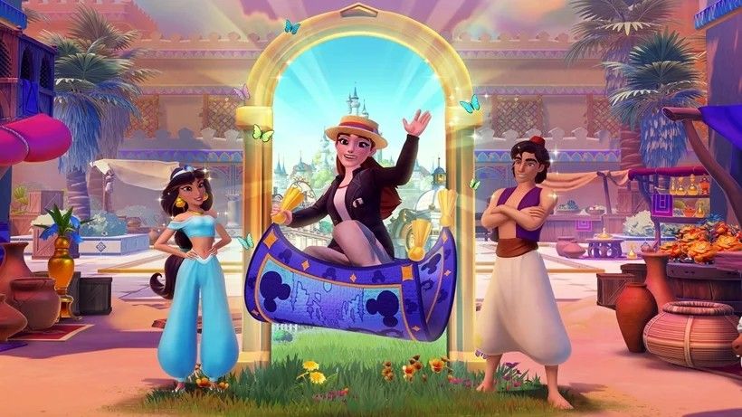 „Disney Dreamlight Valley Aladdin“ ir „Jasmine“ su žaidėju, važiuojančiu stebuklingu kilimu