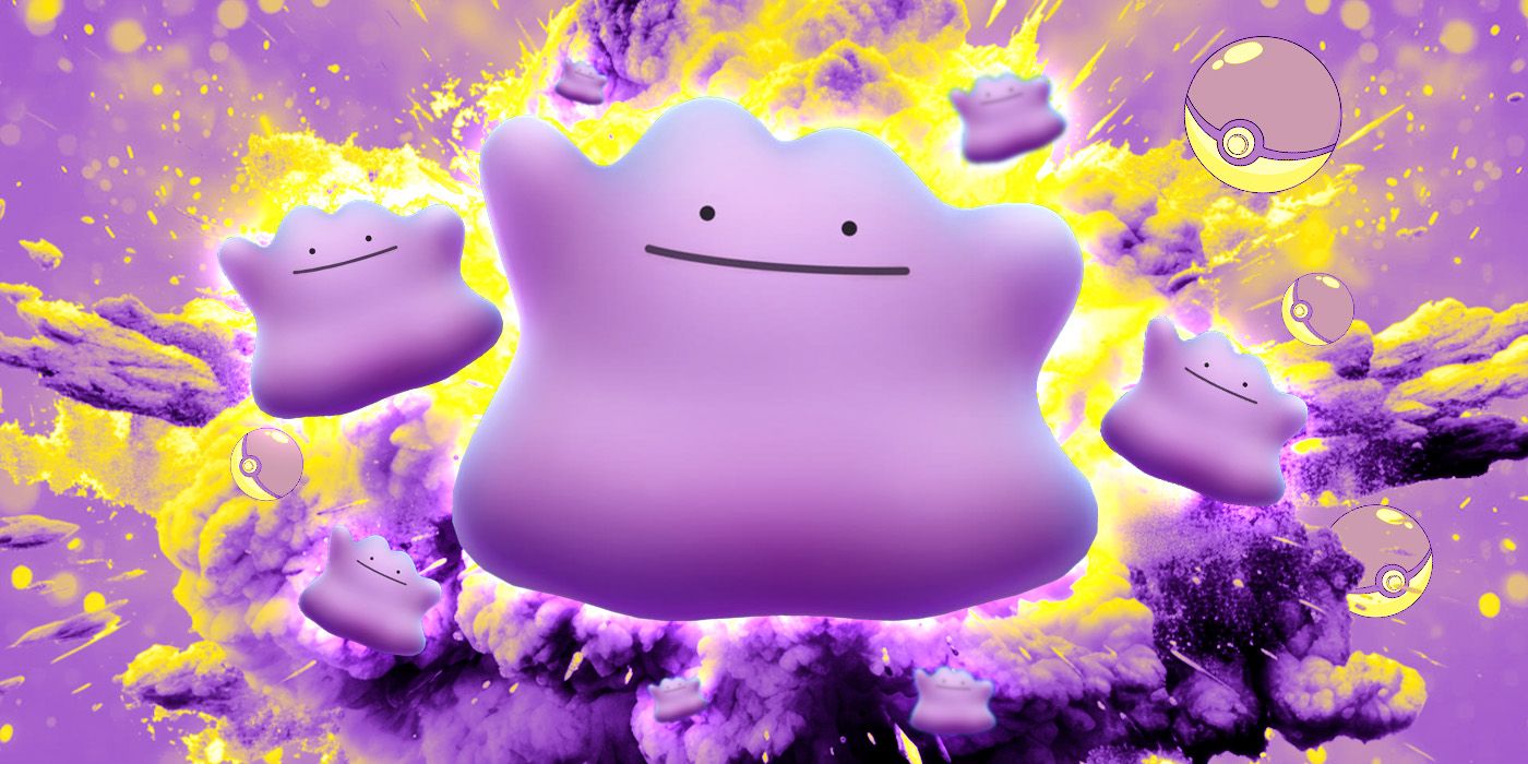 Ditto In Pokémon GO surrounded by Poke Balls, electricity and purple clouds