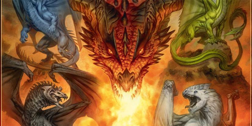 Chromatic dragons from D&D menacing on the cover of Dragon Delves