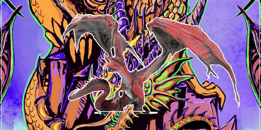 A Red Dragon Miniature in front of the cover to Dragon Delves