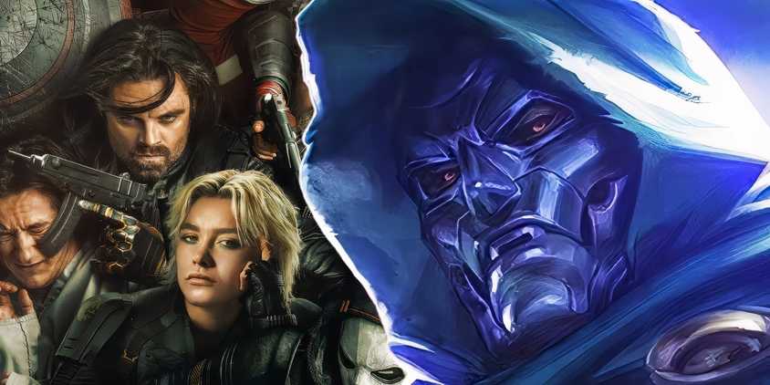 Doctor Doom with the MCU's Thunderbolts behind him.