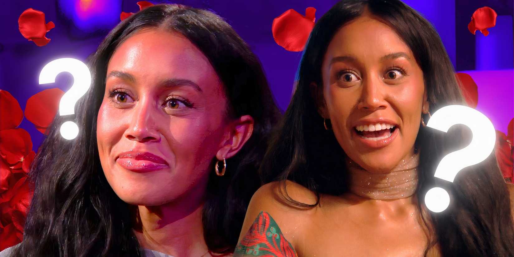 Litia Garr from The Bachelor Season 29 montage looking and happy with question marks