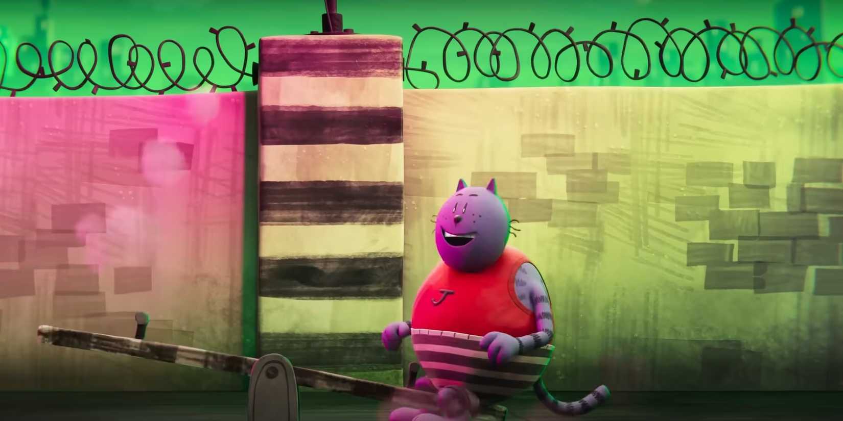 Big Jim sitting on a seesaw looking happy in Dog Man
