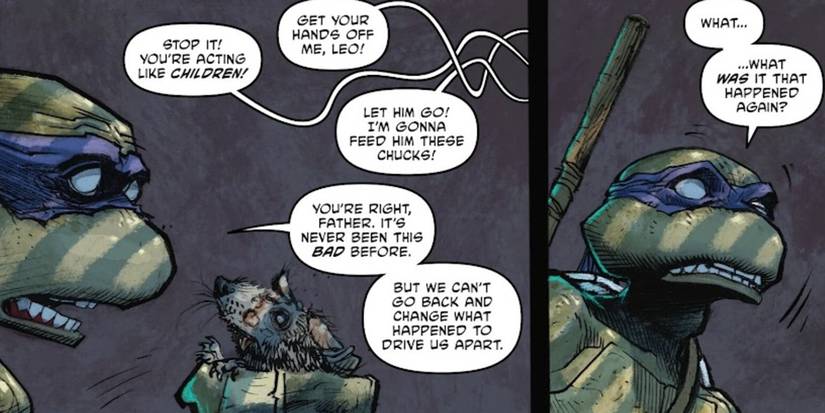 Donatello talks to Master Splinter through a dead rat as Michelangelo Leonardo and Raphael bicker in Teenage Mutant Ninja Turtles #6