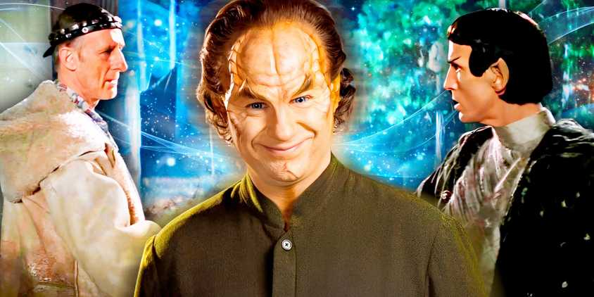 Dr. Phlox from Star Trek Enterprise and Zephram Cochrane shaking hands with a Vulcan in Star Trek First Contact
