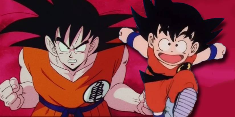 Adult Goku with his Kid self on a red background.