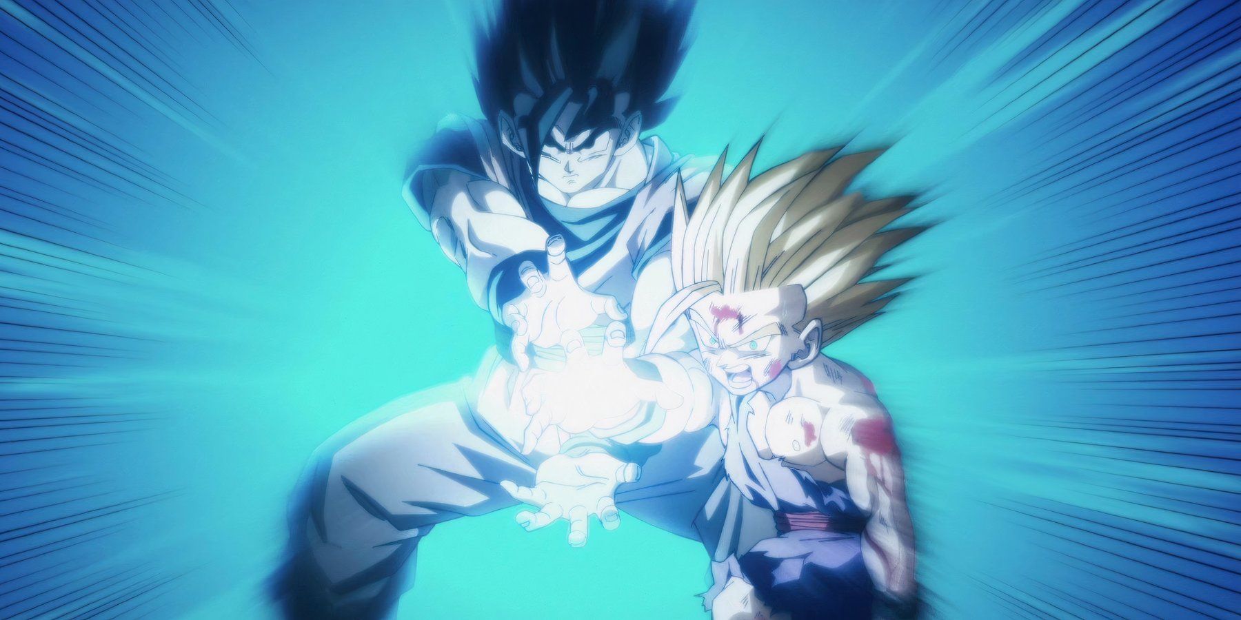 Goku and Gohan firing off the Father-Son Kamehameha during the fight with Cell in Dragon Ball Z.