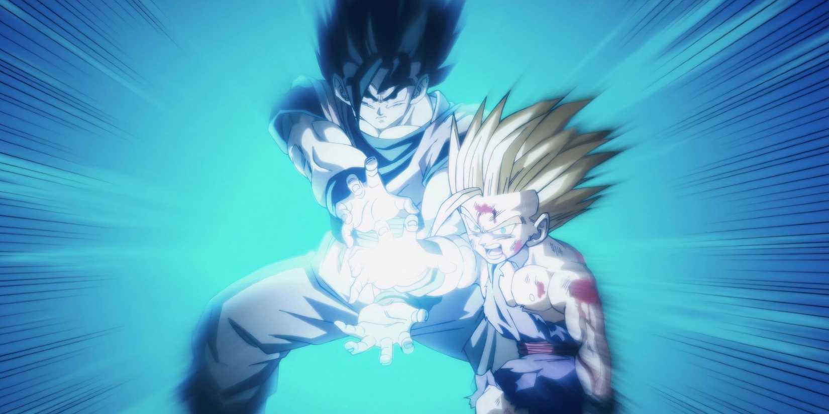 Goku and Gohan firing off the Father-Son Kamehameha during the fight with Cell in Dragon Ball Z.
