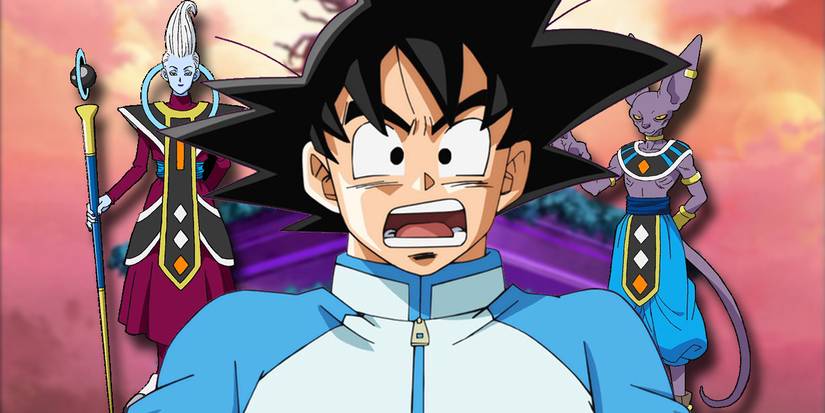 A surprised Goku flanked by Whis and Beerus.