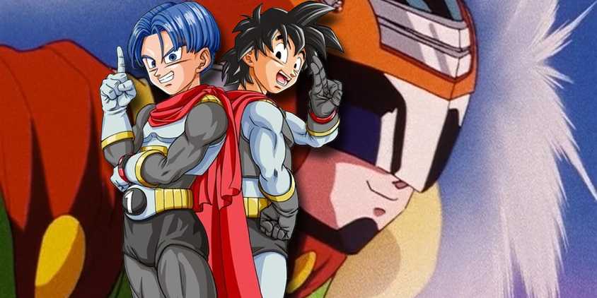 Goten and Trunks in their Saiyaman costumes in front of the original, Gohan.
