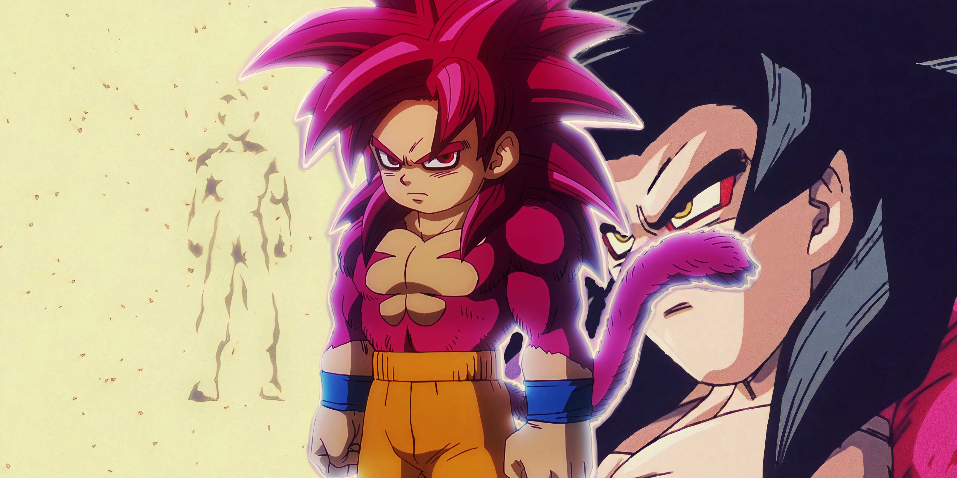 Image contrasting Super Saiyan 4 in Daima, Super Saiyan 4 in GT, and the Legendary Super Saiyan