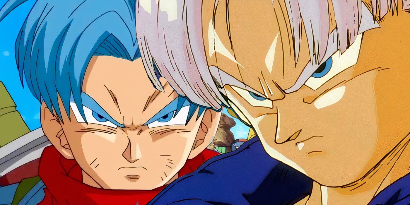 Dragon Ball Super Trunks with blue hair to the left and Dragon Ball Z Trunks with purple hair to the right