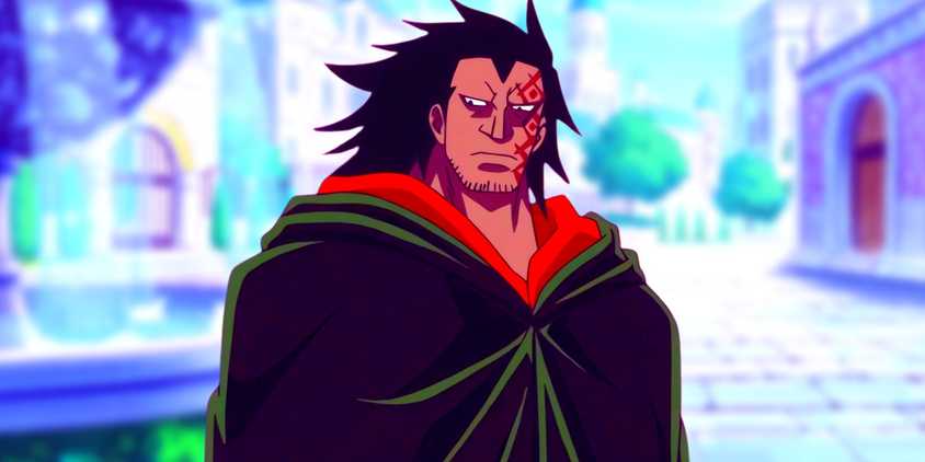 Dragon looking down at the ground while wearing his usual outfit. Behind him, a street of Mary Geoise can be seen.