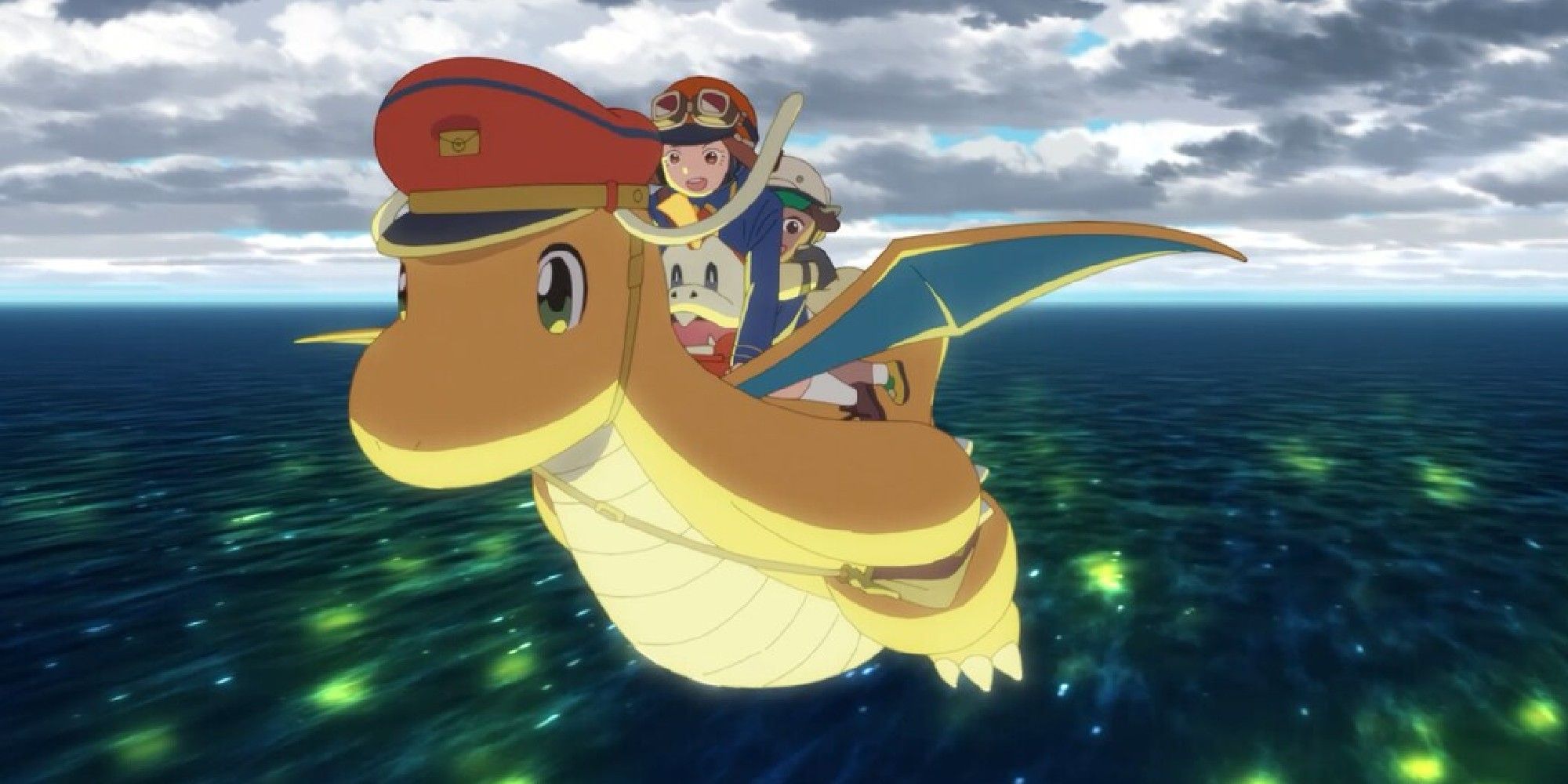 Dragonite and the Mailman still of Hana and Rio riding on Puecoco