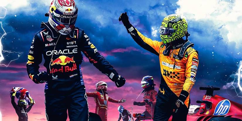 Formula 1 Drive To Survive season 7 with Max and Lando at the front and other different drivers in the background