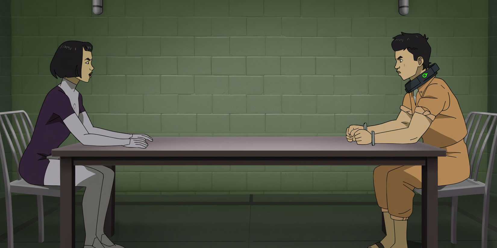 Dupli-Kate and Multi-Paul talking inside a prison visitation room in Invincible season 3