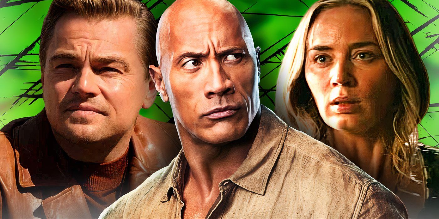 Dwayne Johnson înainte de un fundal verde cu participarea lui Leonardo DiCaprio și Emily Blunt