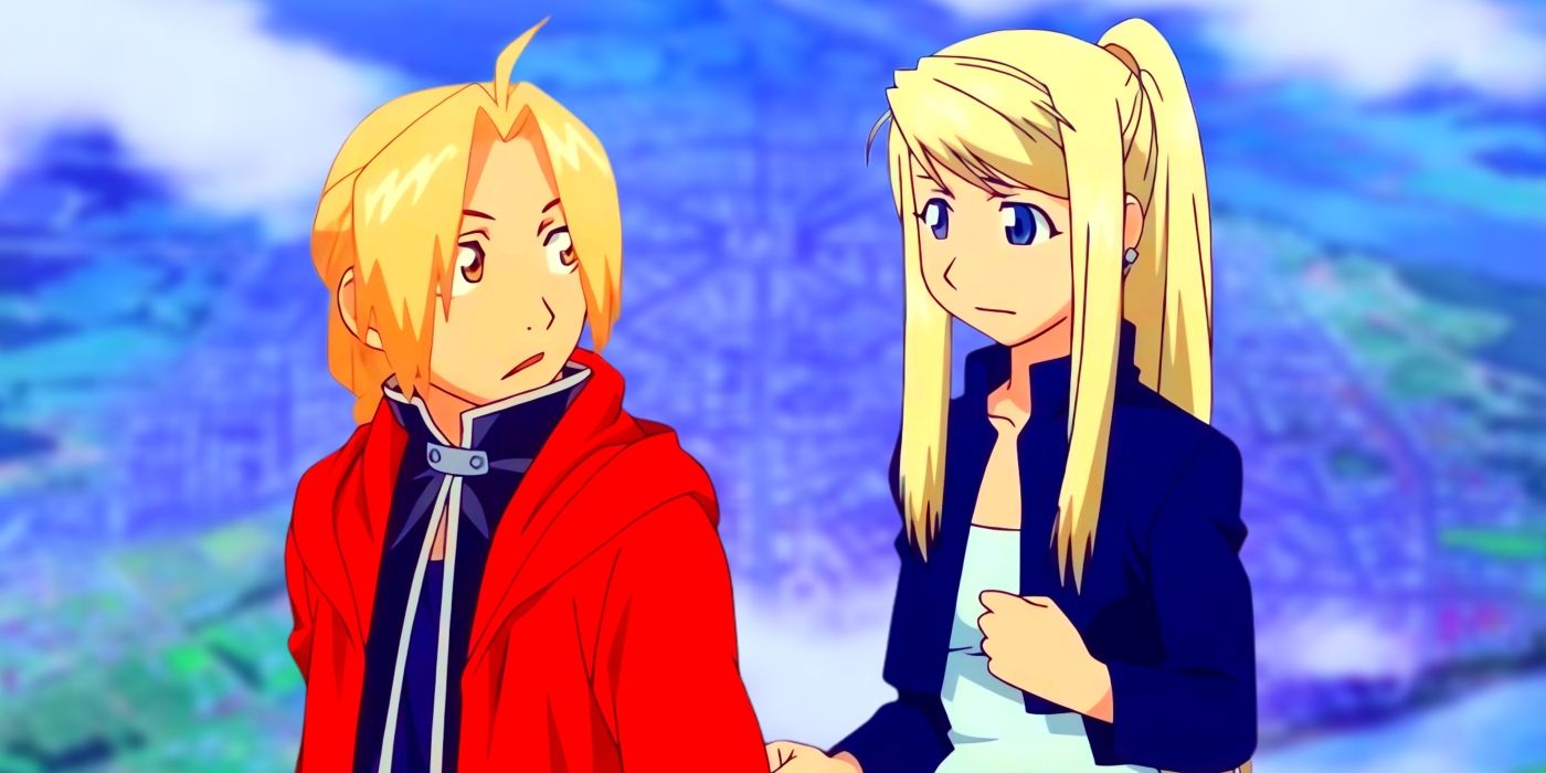 Winry holding Ed by the sleeve of his coat. Behind them, the country of Amestris can be seen.