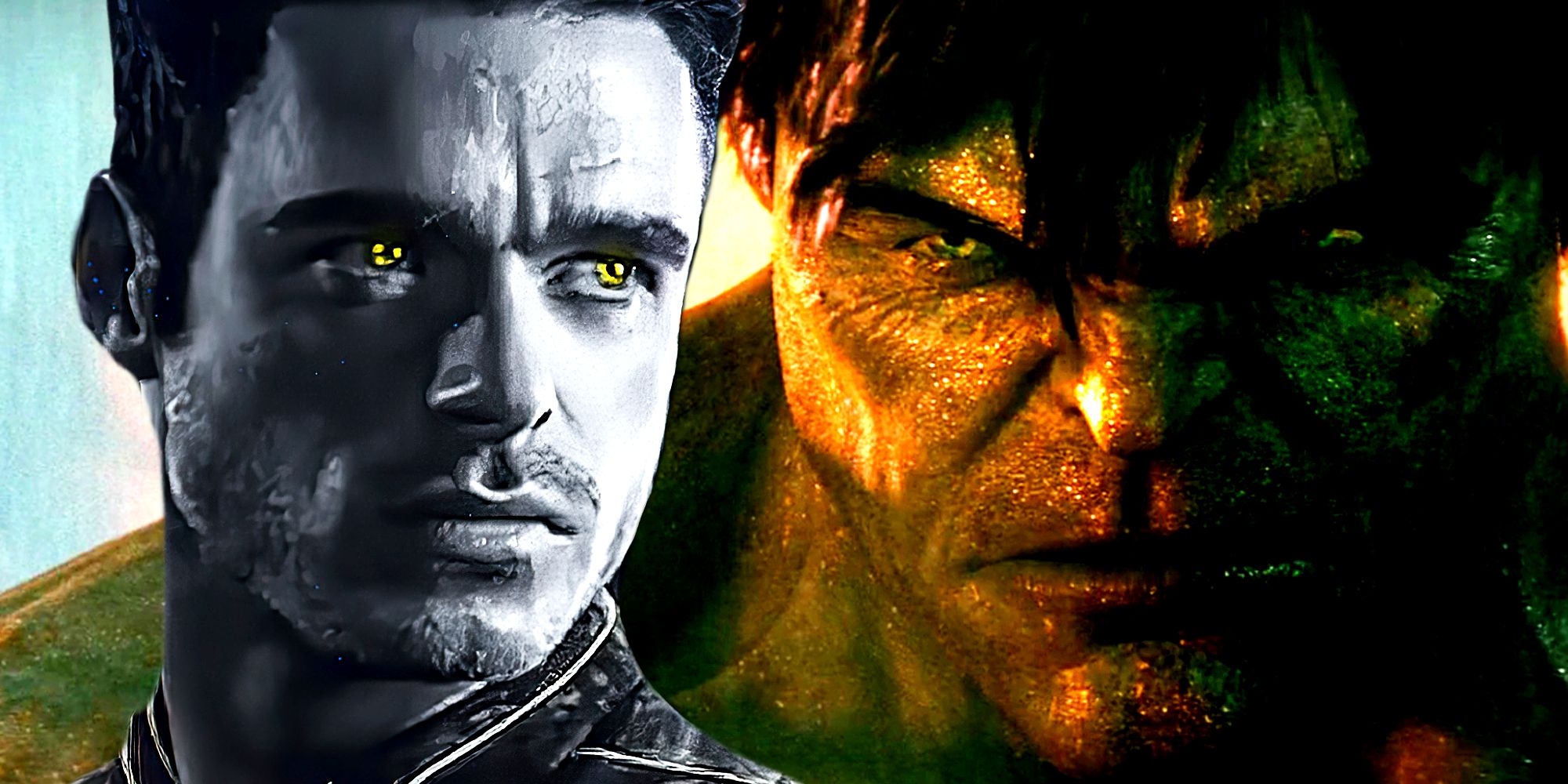 Edward Norton's Hulk is in the rain on the incredible Hulk and Ikaris de Richard Madden looks at him in the eternal