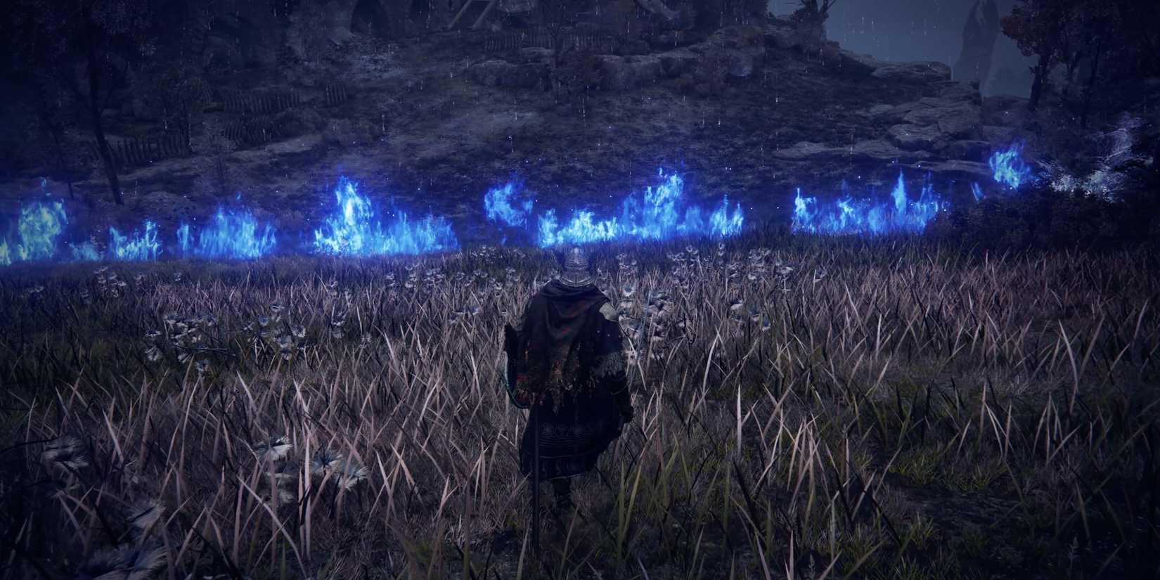Wylder walking toward the Night's Tide in Elden Ring Nightreign. The Night's Tide is encroaching rain that results in a blue flam where it hits the ground.