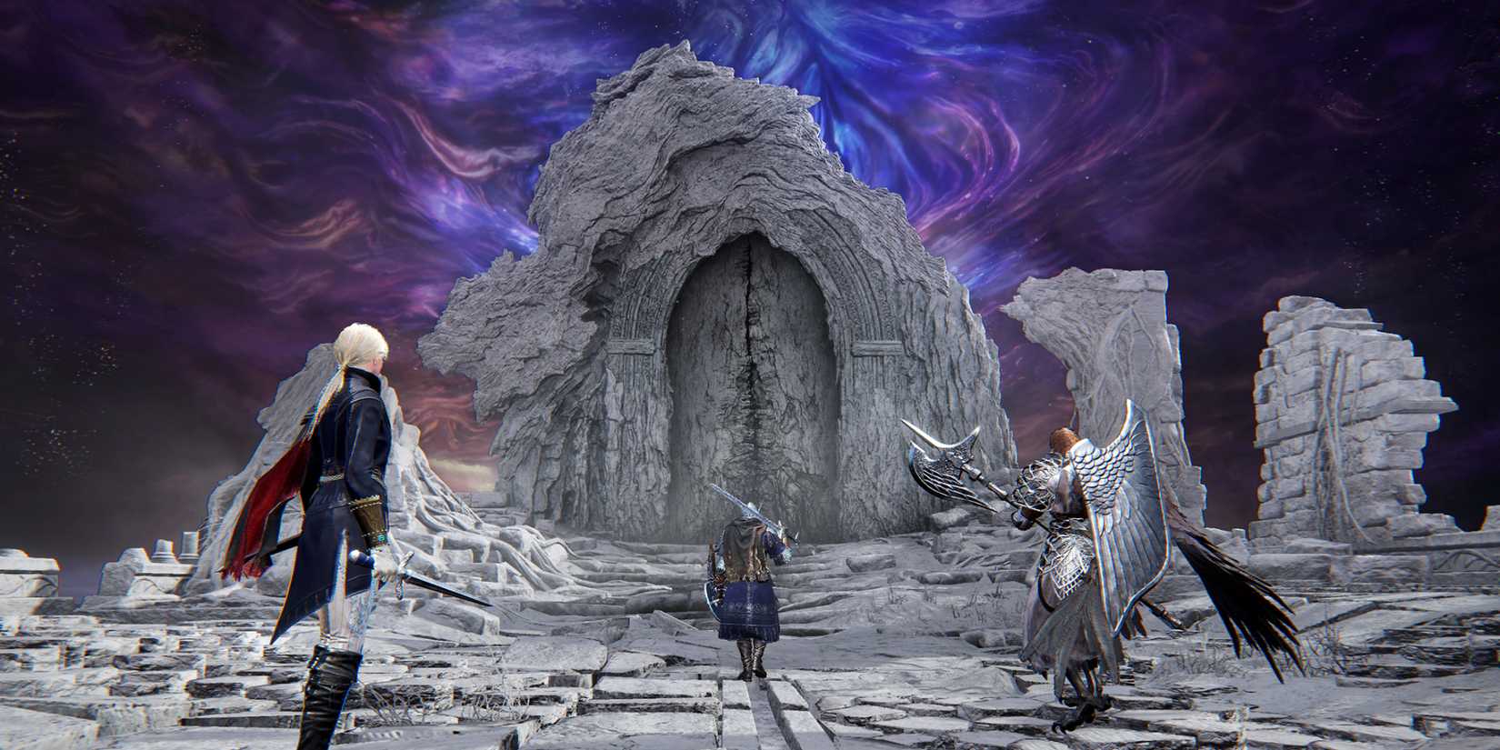 Recluse, Wylder, and Guardian approaching a large, gray, stone door in Elden Ring Nightreign.