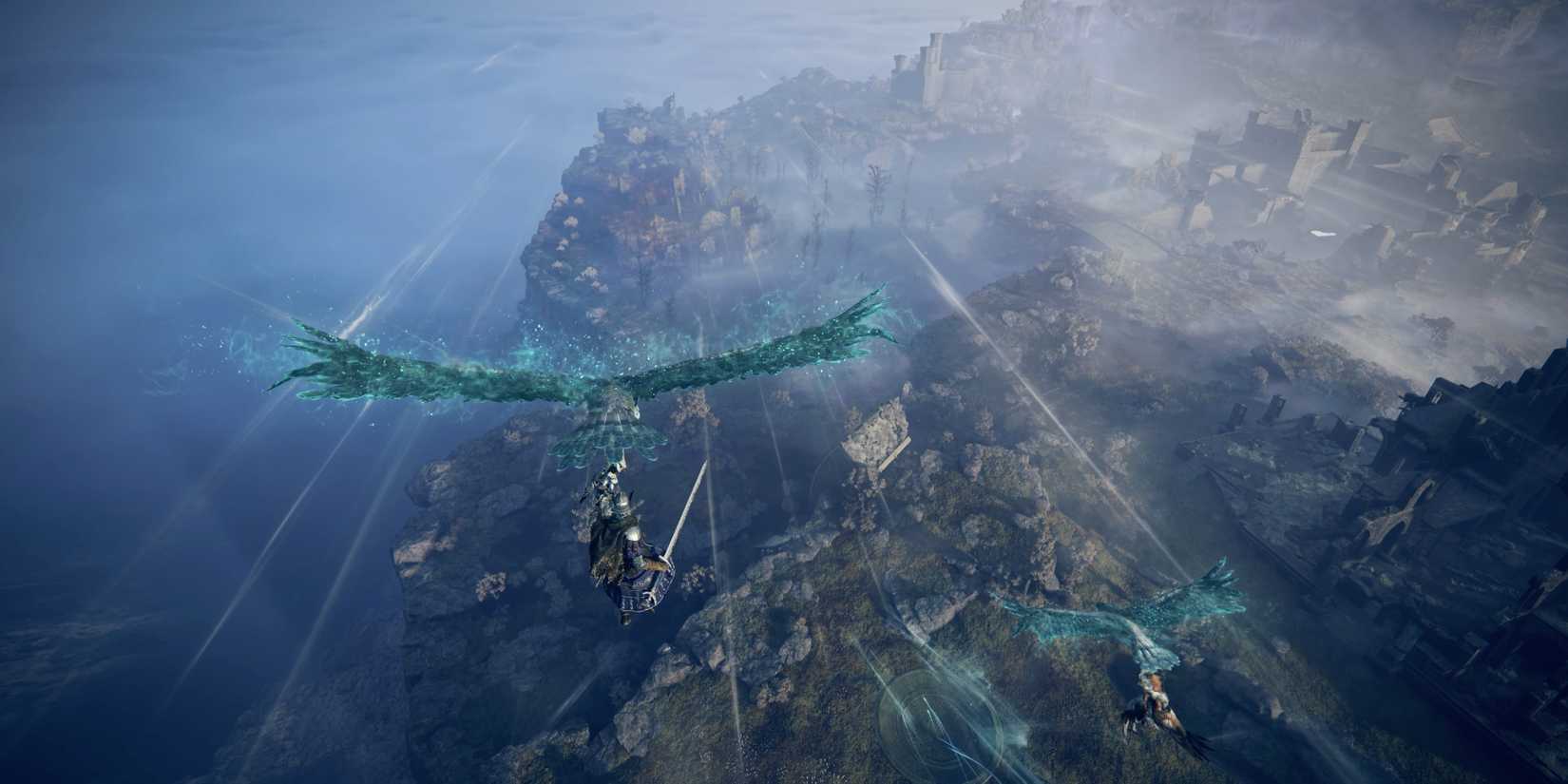 Elden Ring Nightreign characters flying over Limveld holding onto spectral birds.