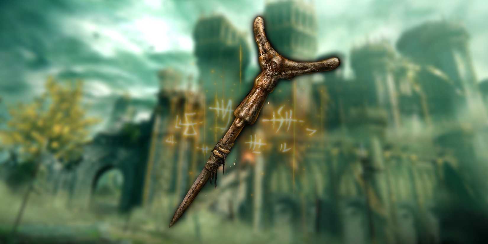 Elden Ring's Small Golden Effigy item in front of a blurred image of Stormveil Castle.